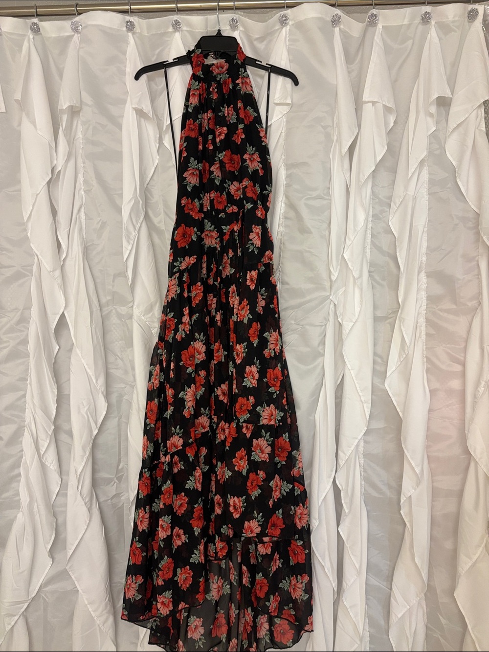Elegant Black High Low Floral Halter Maxi Dress - Red Rose Print